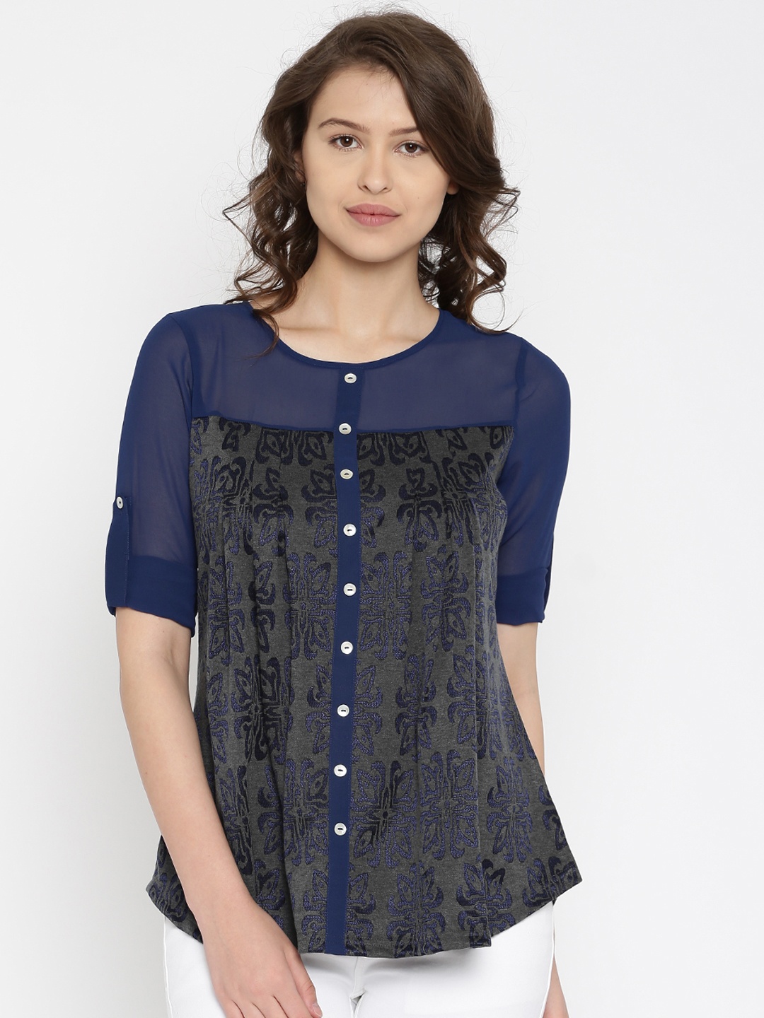 

AND Women Charcoal Grey & Blue Top