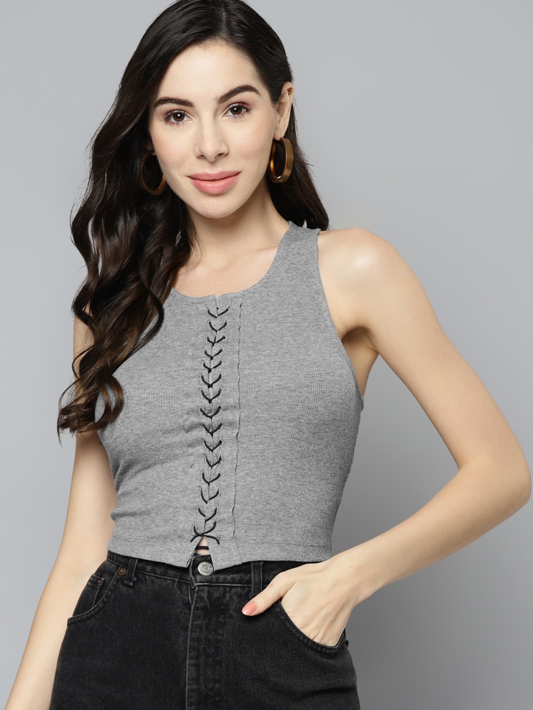 

VividArtsy Grey Melange Solid Lace-Up Insert Tank Crop Top