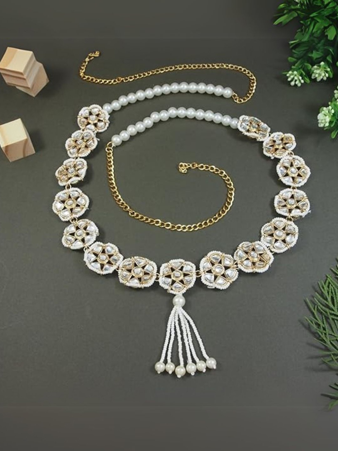 

I Jewels Gold-Plated White Kundan Studded Adjustable Kamarband