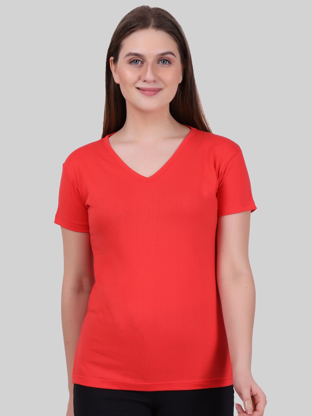 

Fleximaa Women Coral V-Neck T-shirt