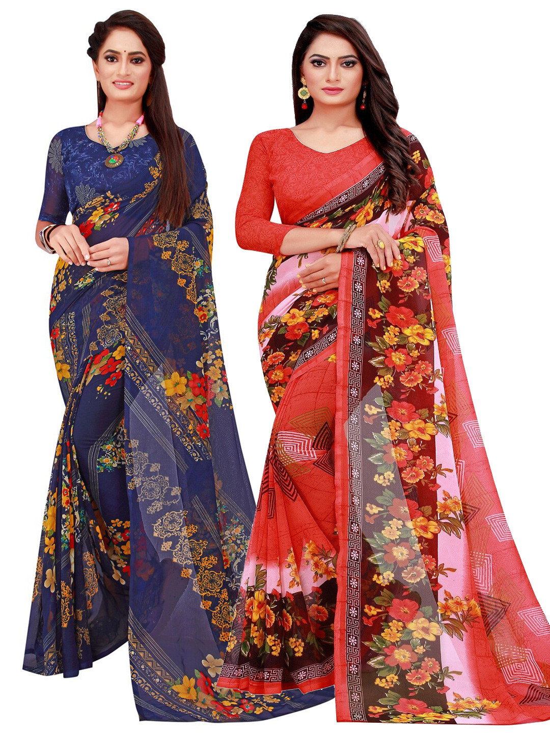 

KALINI Red & Navy Blue Set of 2 Pure Georgette Saree