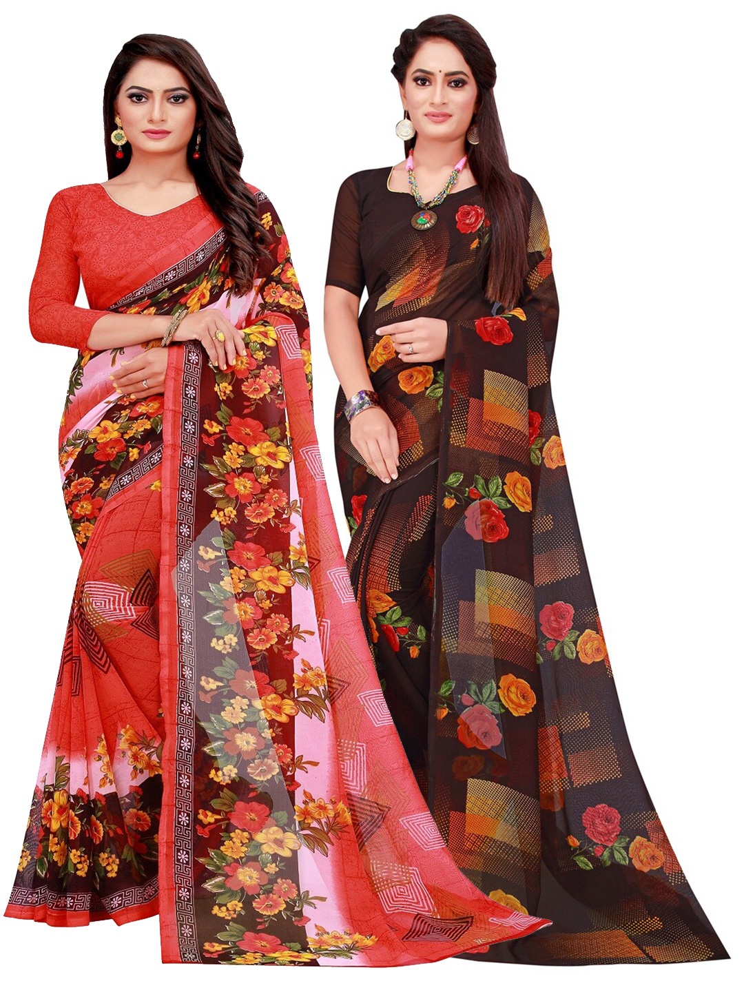 

KALINI Red & Brown Floral Printed Pure Georgette Saree Pack Of 2