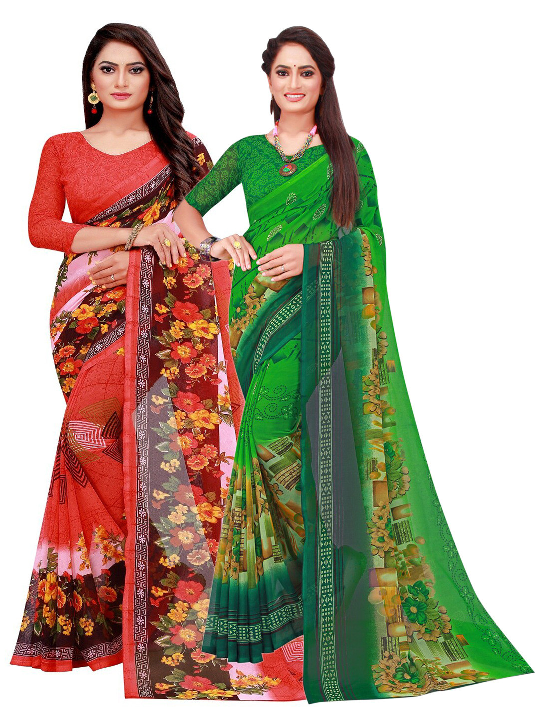 

KALINI Pack of 2 Red & Green Pure Georgette Sarees