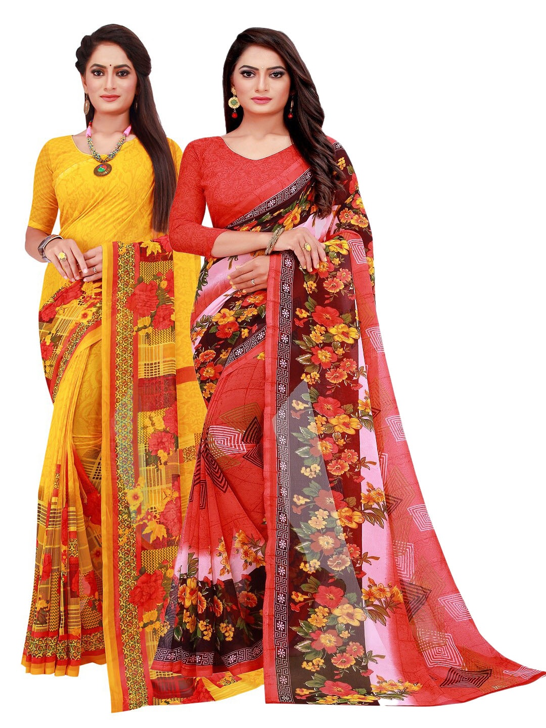 

KALINI Pack of 2 Red & Pink Floral Pure Georgette Saree