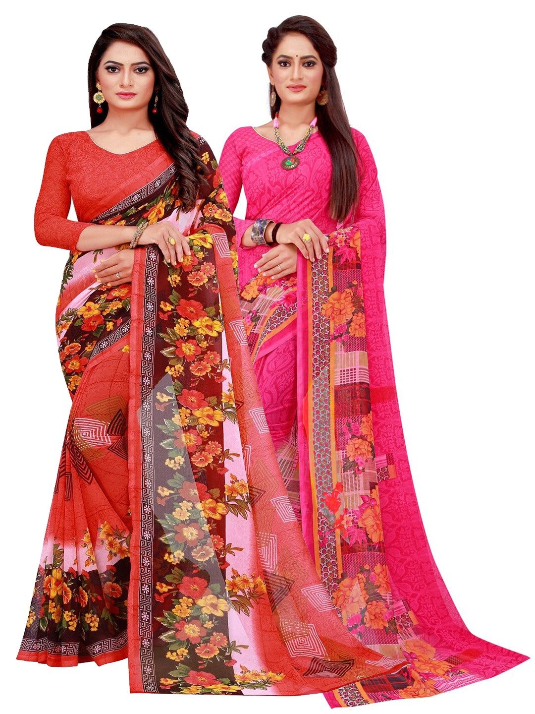 

KALINI Magenta & Red Floral Set of 2 Pure Georgette Saree