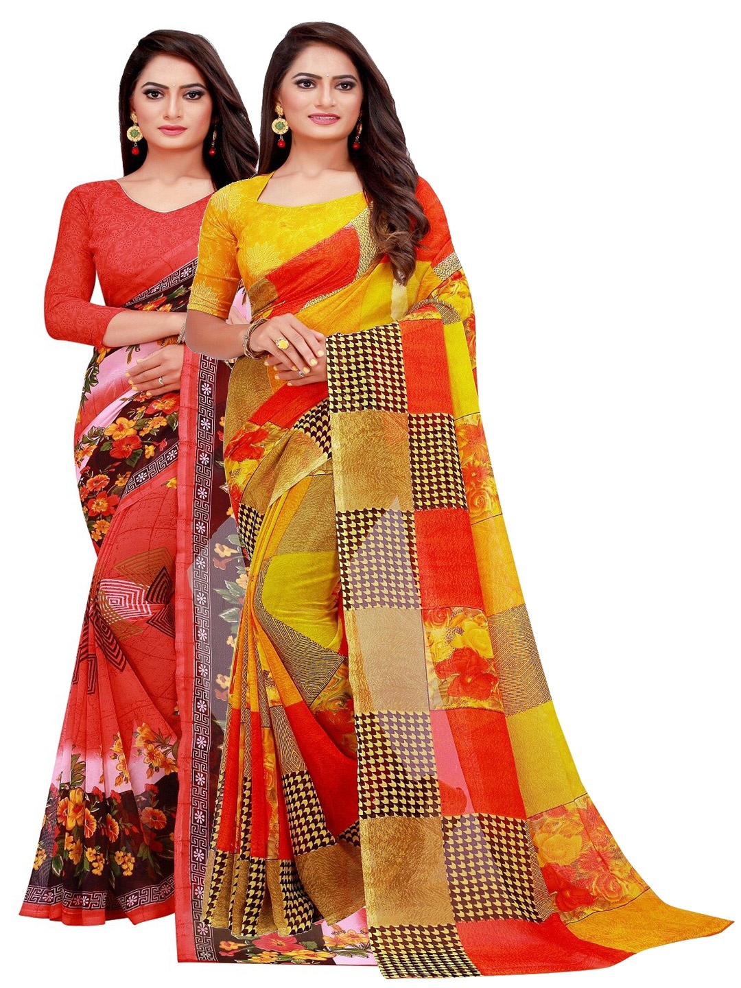 

KALINI Red & Yellow Floral Set of 2 Pure Georgette Saree