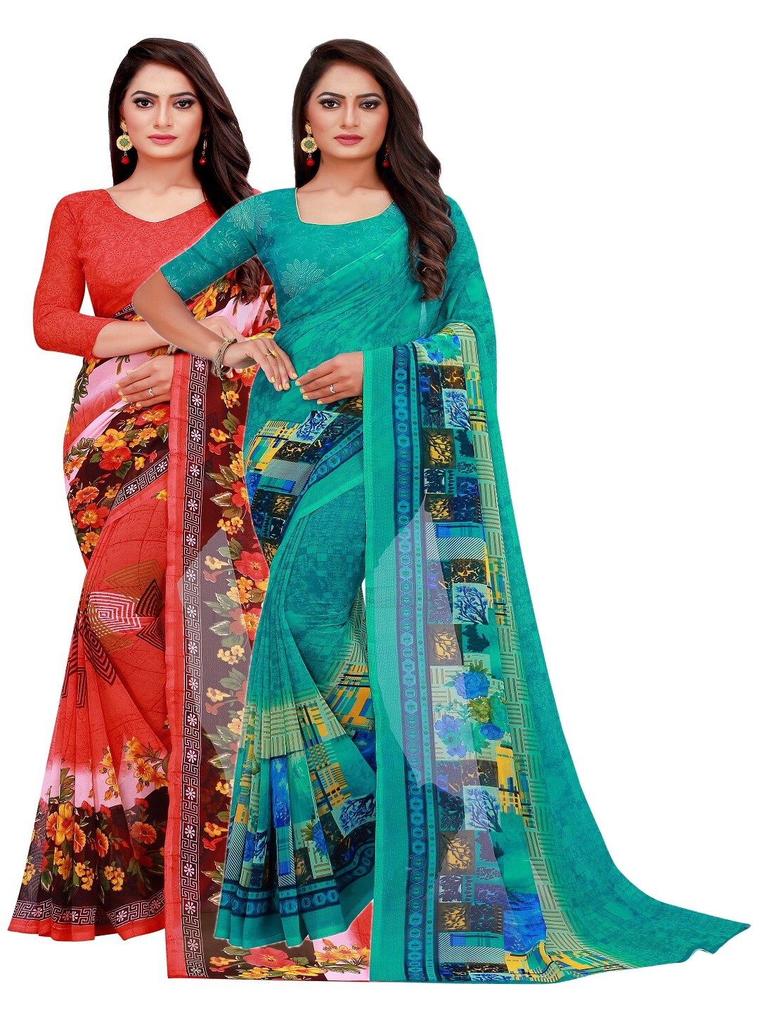 

KALINI Pack of 2 Teal & Red Floral Printed Pure Georgette Saree