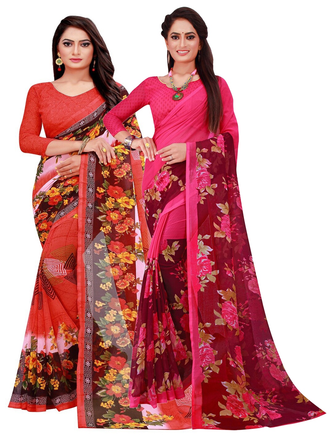 

KALINI Pack Of 2 Pink & Red Floral Printed Sarees