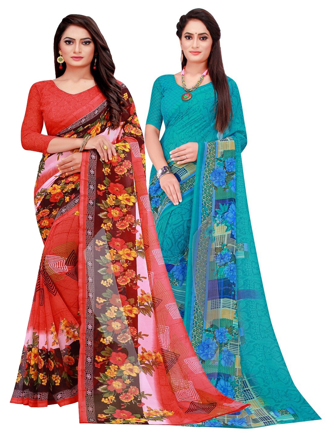 

KALINI Pack Of 2 Teal Blue & Red Floral Pure Georgette Saree