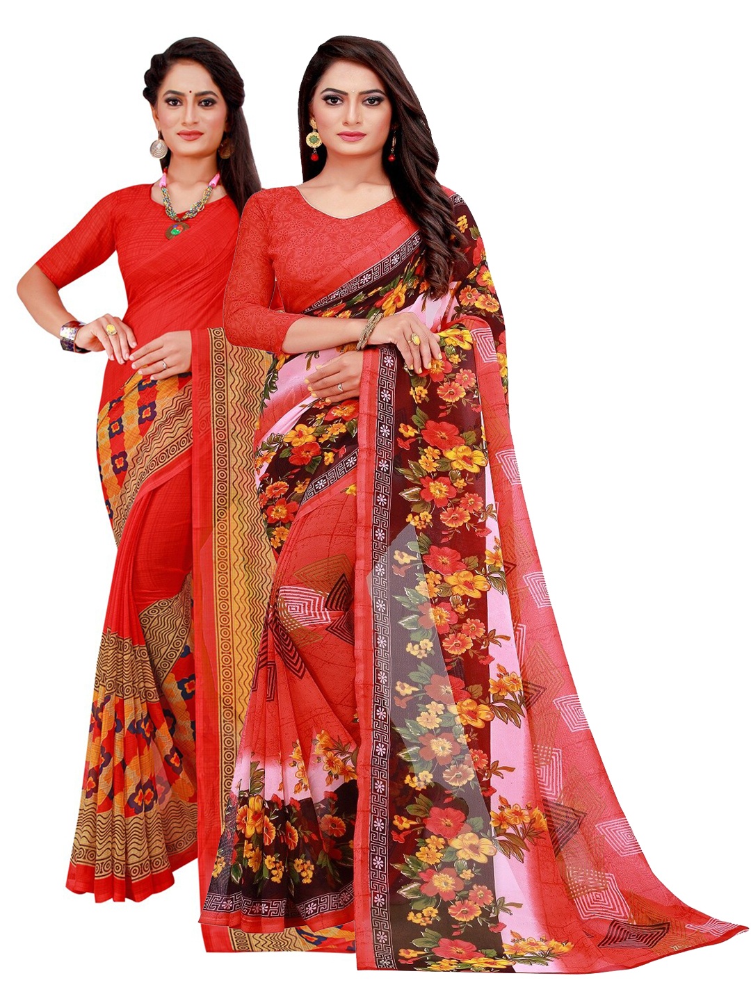 

KALINI Pack of 2 Red & Yellow Floral Pure Georgette Sarees