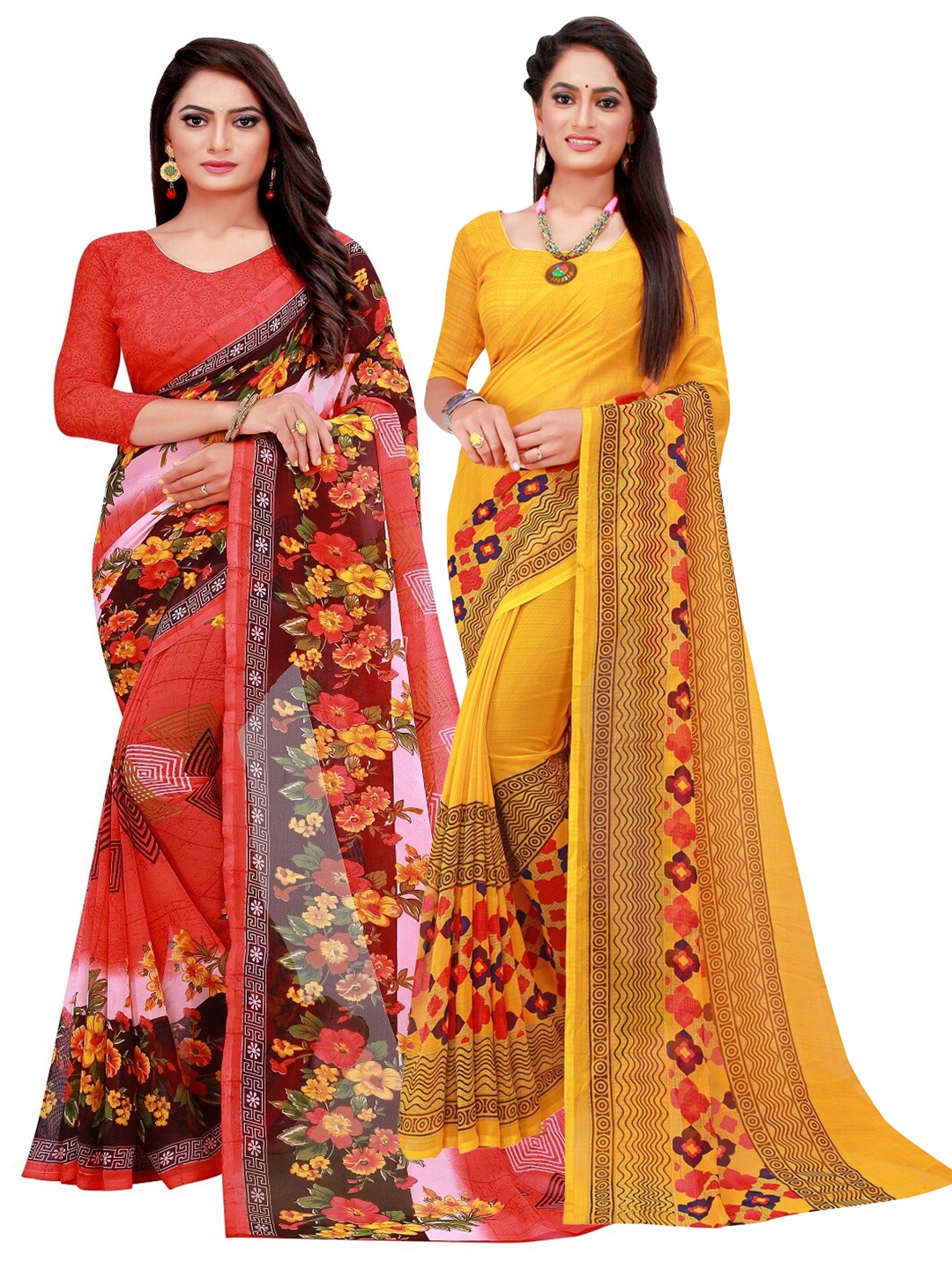 

KALINI Red & Yellow Pure Printed Pure Georgette Sarees Pack Of 2