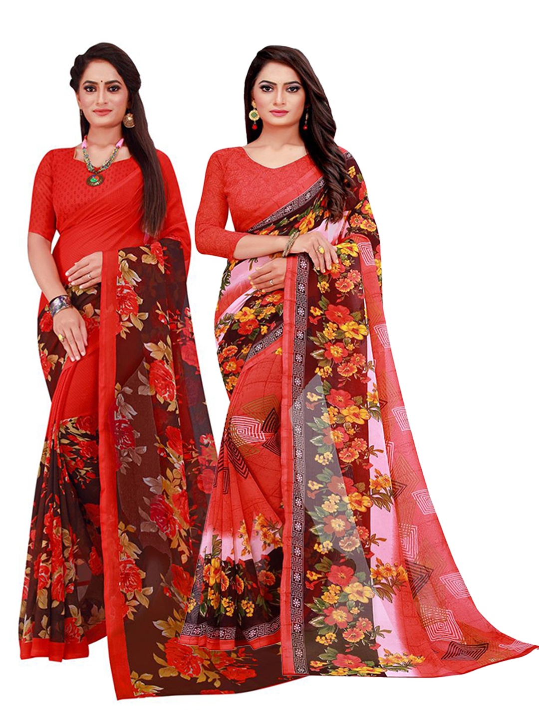 

KALINI Pack of 2 Red & Maroon Floral Printed Saree