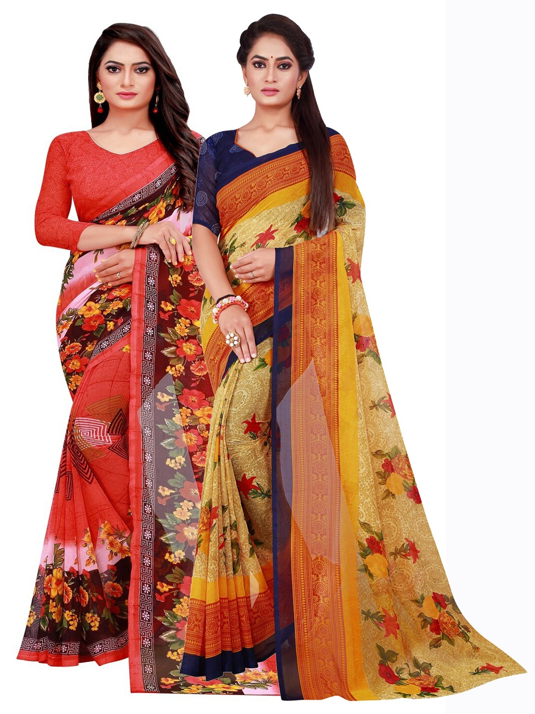 

KALINI Pack of 2 Red & Maroon Floral Printed Saree