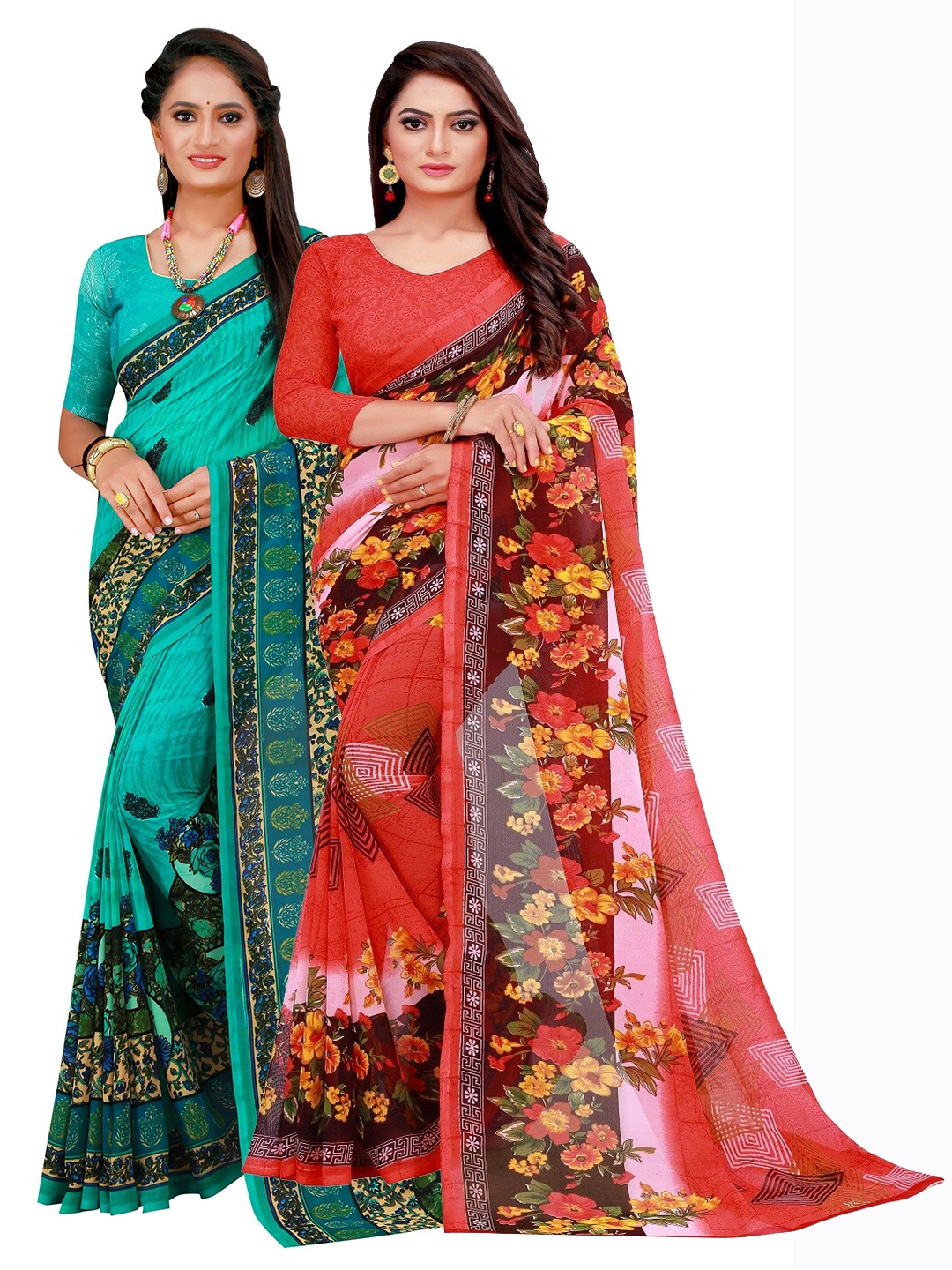

KALINI Red & Teal Pure Printed Pure Georgette Sarees Pack Of 2