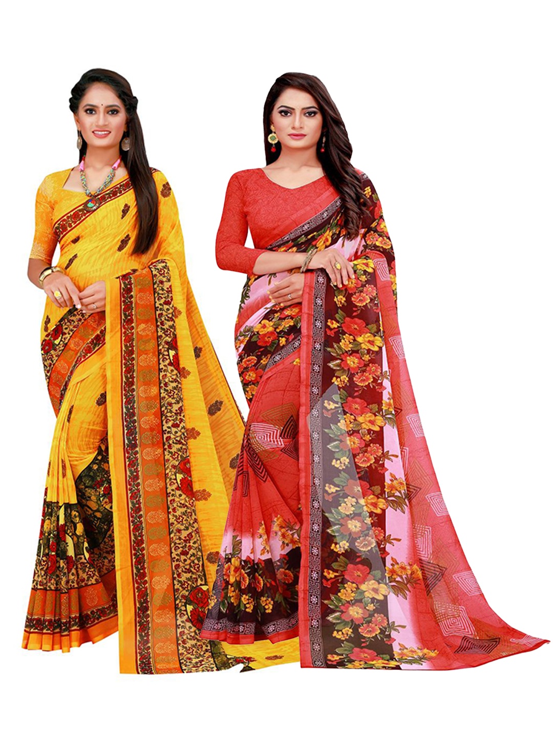 

KALINI Pack Of 2 Red & Yellow Floral Pure Georgette Saree