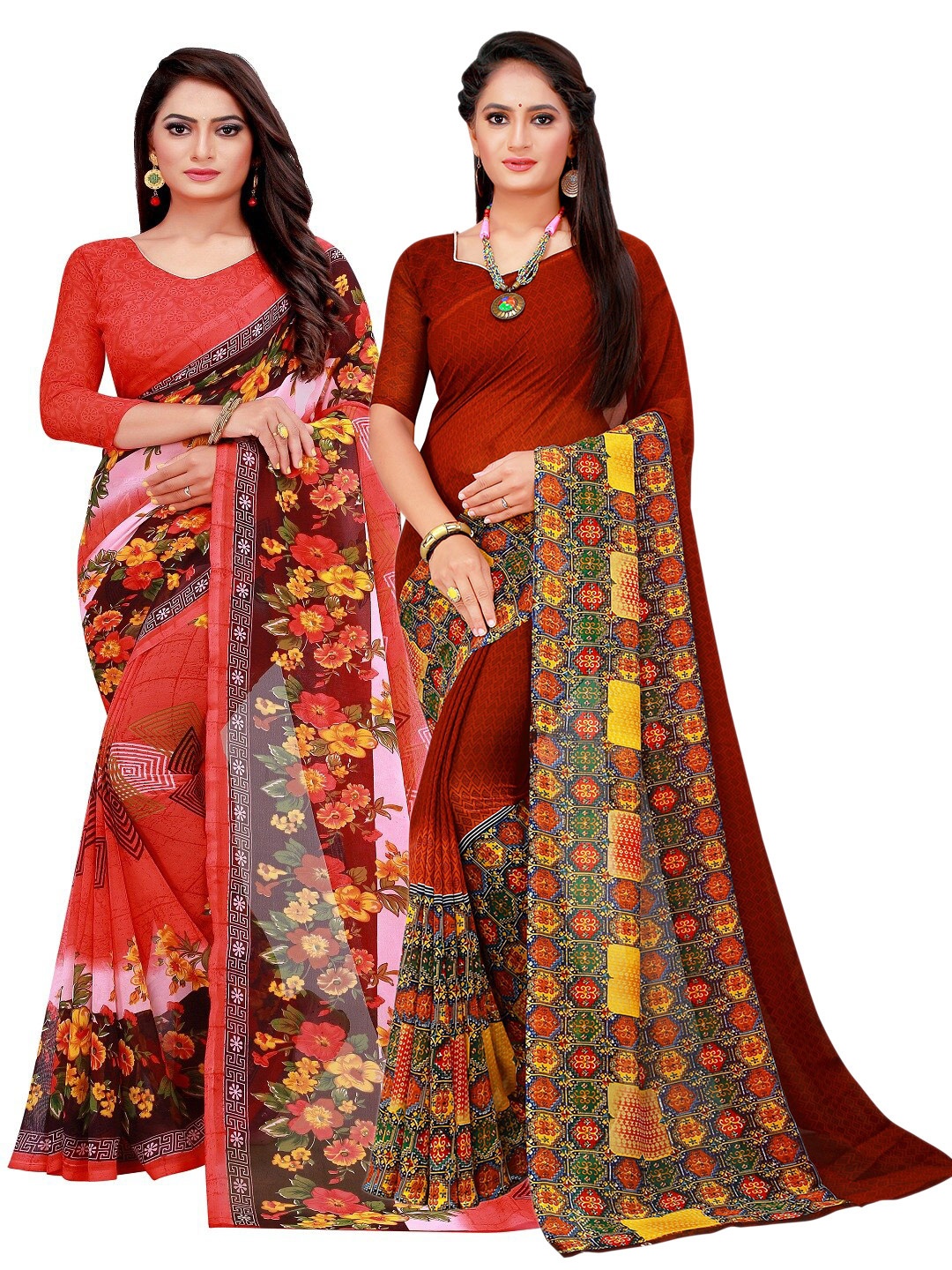 

KALINI Pack of 2 Red & Maroon Floral Printed Pure Georgette Saree