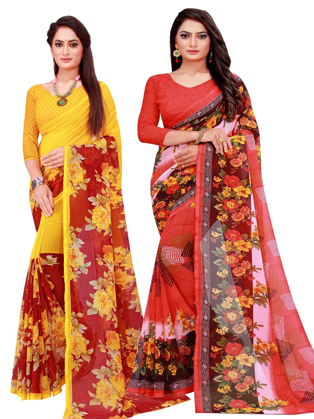 

KALINI Pack of 2 Red & Yellow Floral Printed Pure Georgette Saree