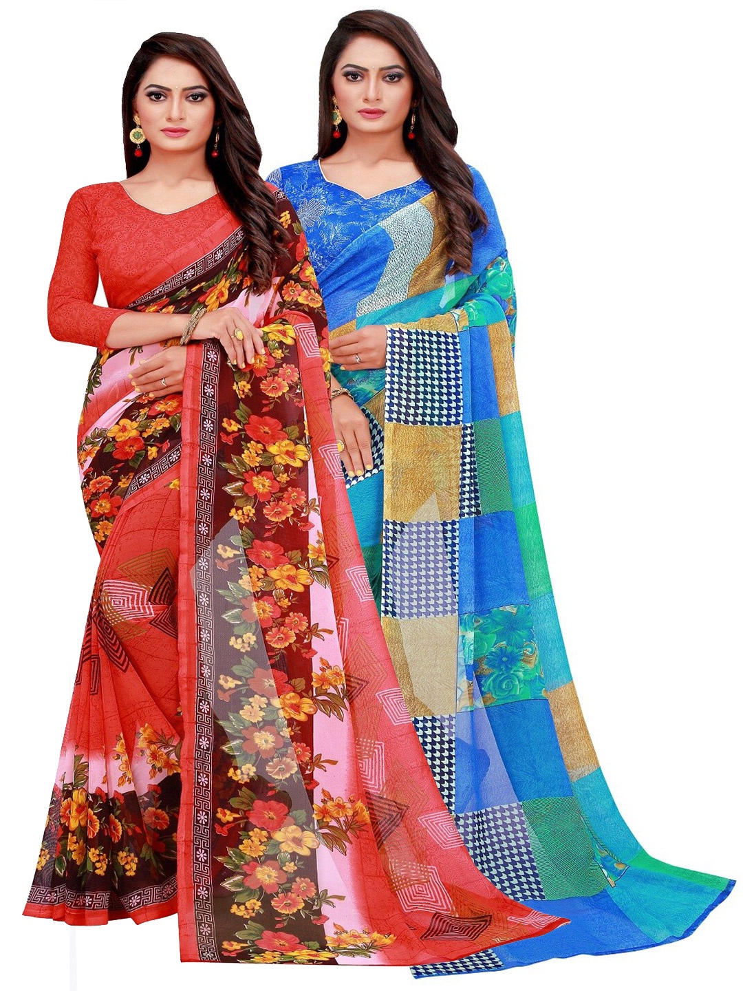 

KALINI Blue & Red Set of 2 Floral Printed Georgette Saree