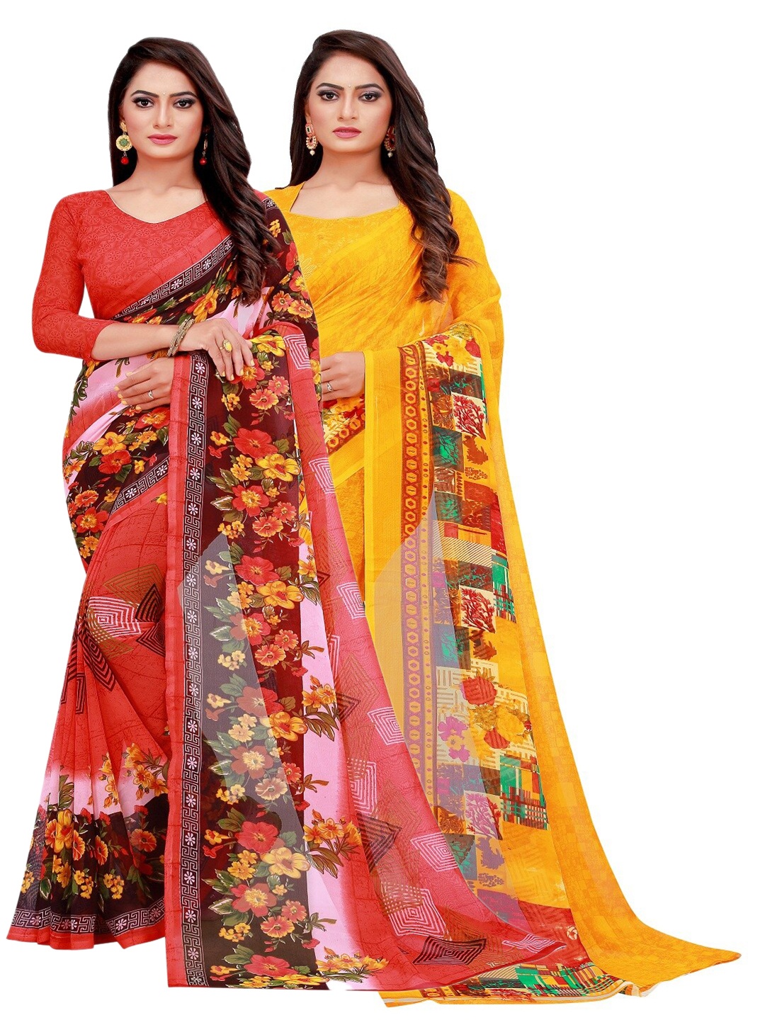 

KALINI Pack of 2 Red & Yellow Floral Pure Georgette Sarees
