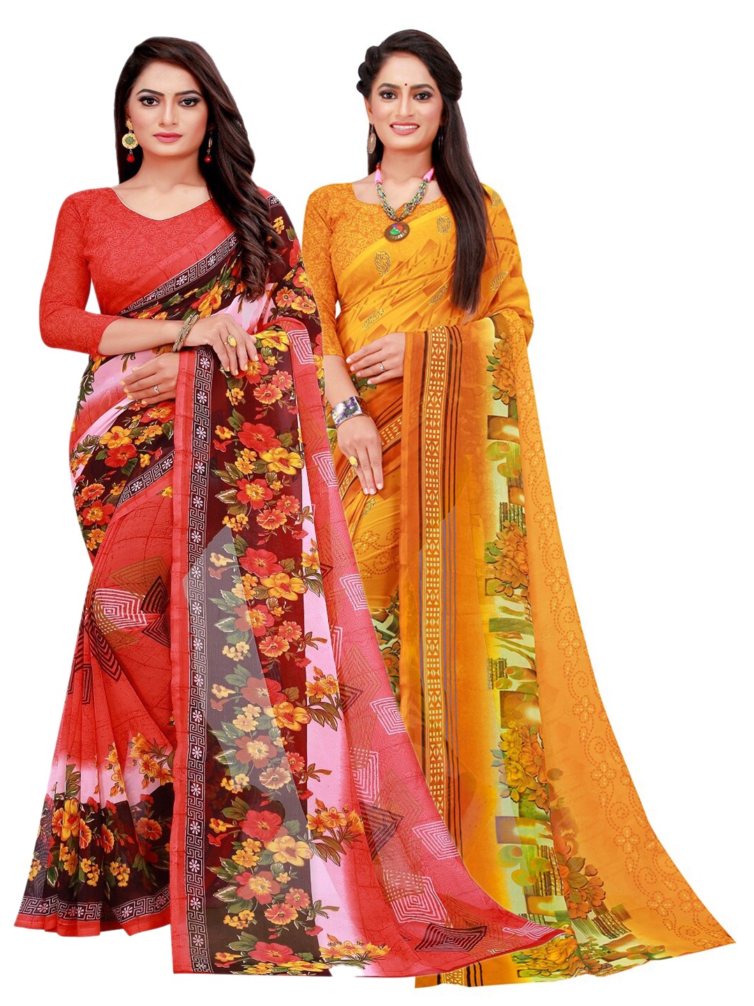 

KALINI Pack of 2 Printed Pure Georgette Sarees, Red