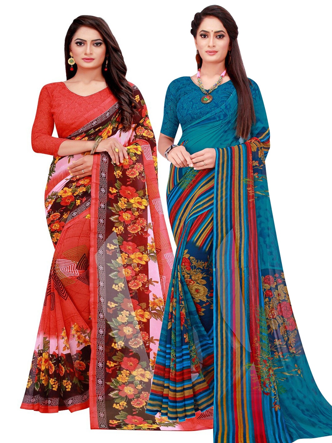 

KALINI Pack of 2 Red & Brown Floral Printed Saree