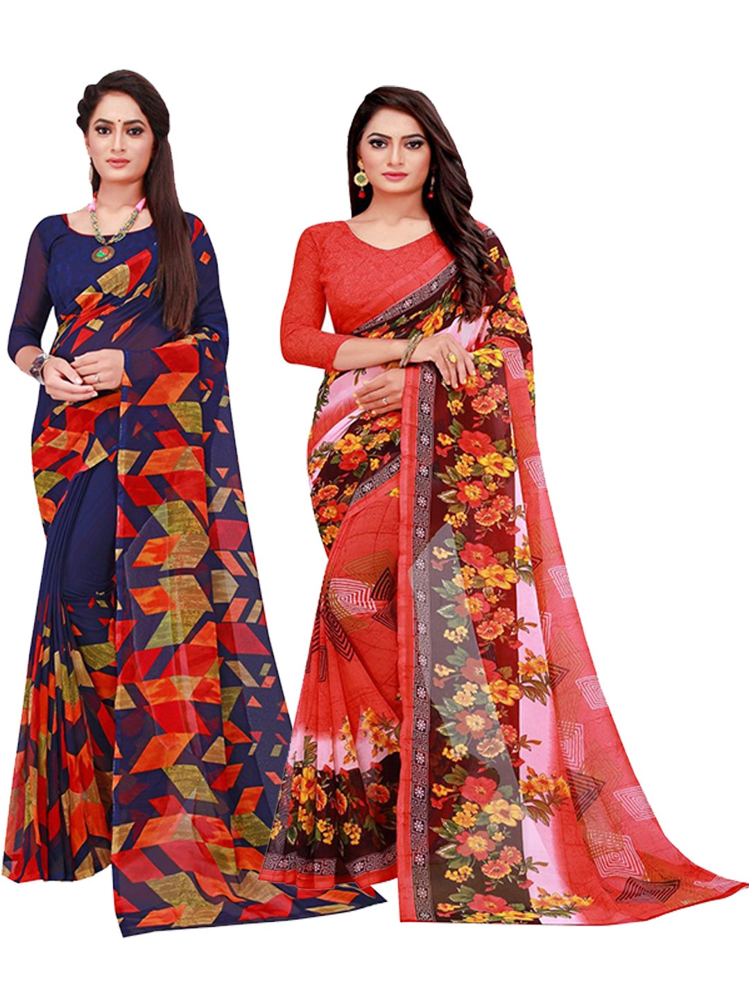 

KALINI Pack Of 2 Navy Blue & Red Floral Pure Georgette Saree