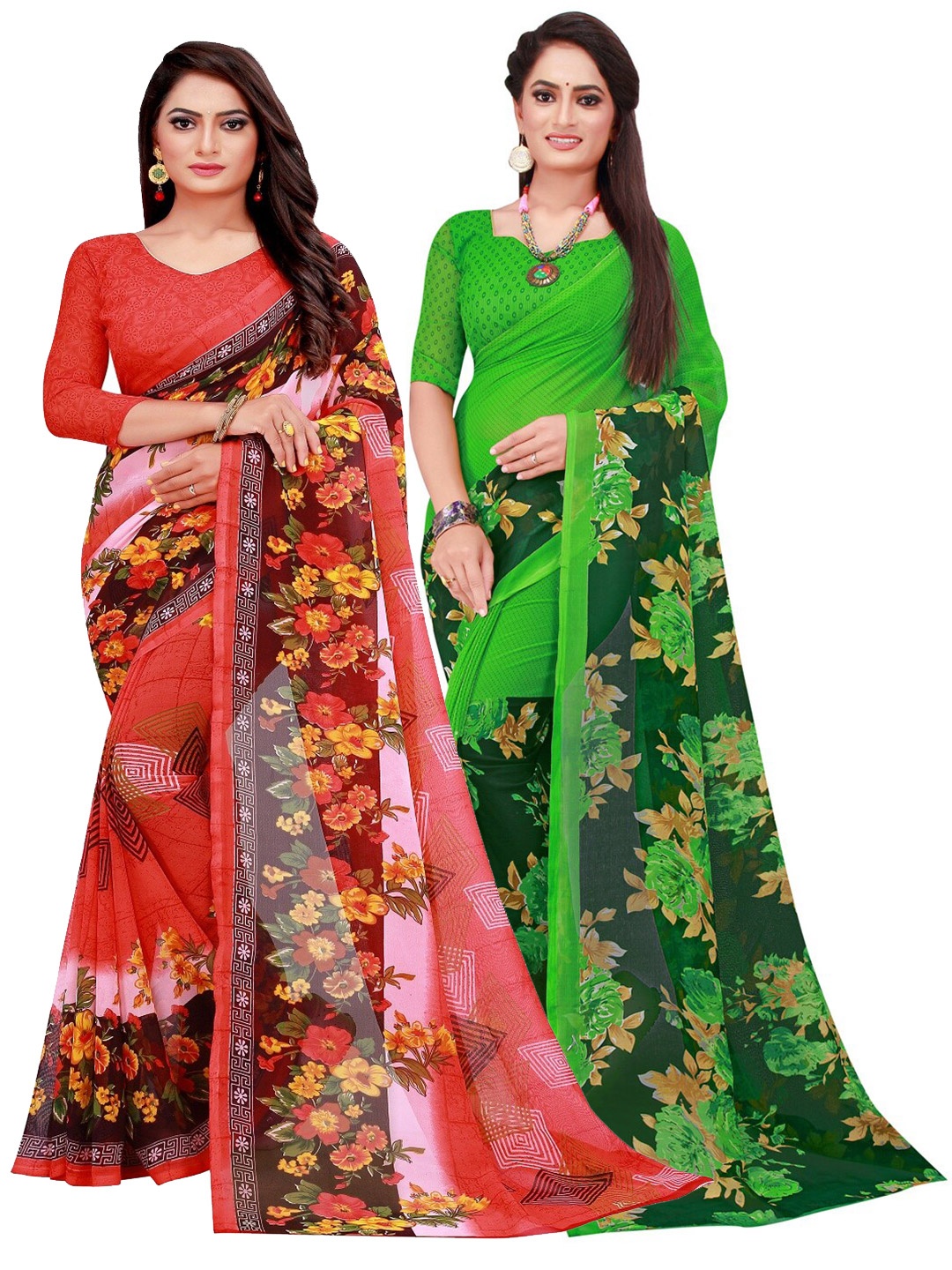 

KALINI Red & Green Set of 2 Floral Printed Pure Georgette Saree