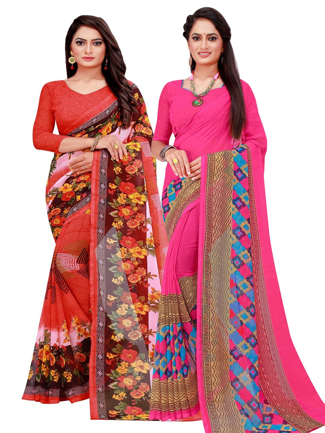 

KALINI Pack of 2 Magenta & Red Floral Pure Georgette Sarees
