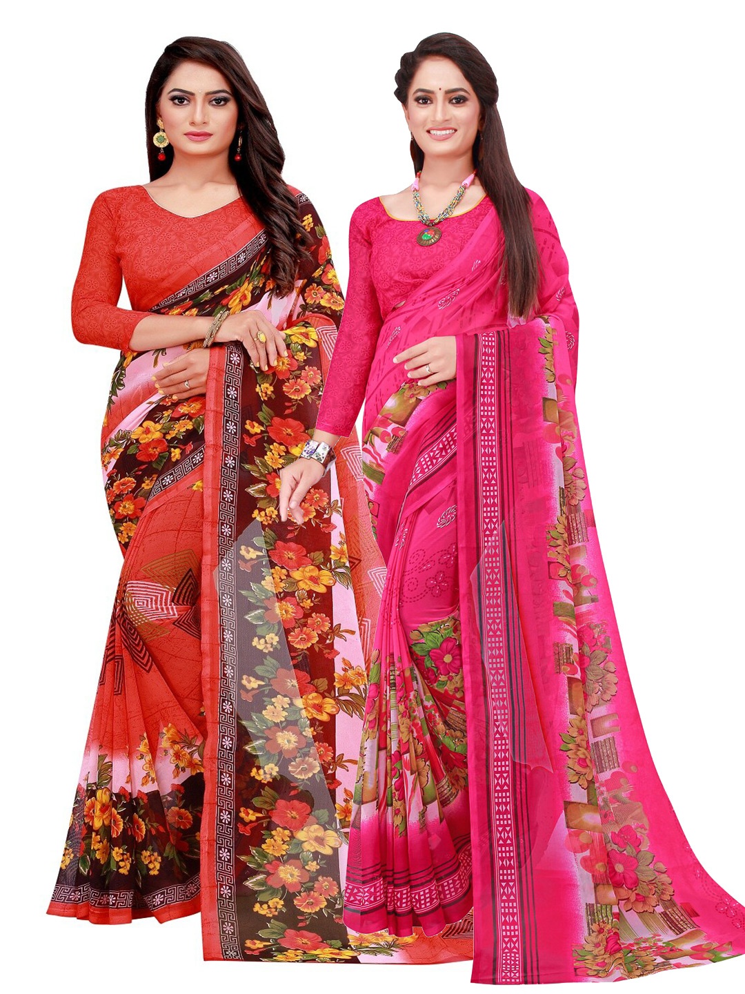 

KALINI Pack of 2 Pink & Red Floral Pure Georgette Saree