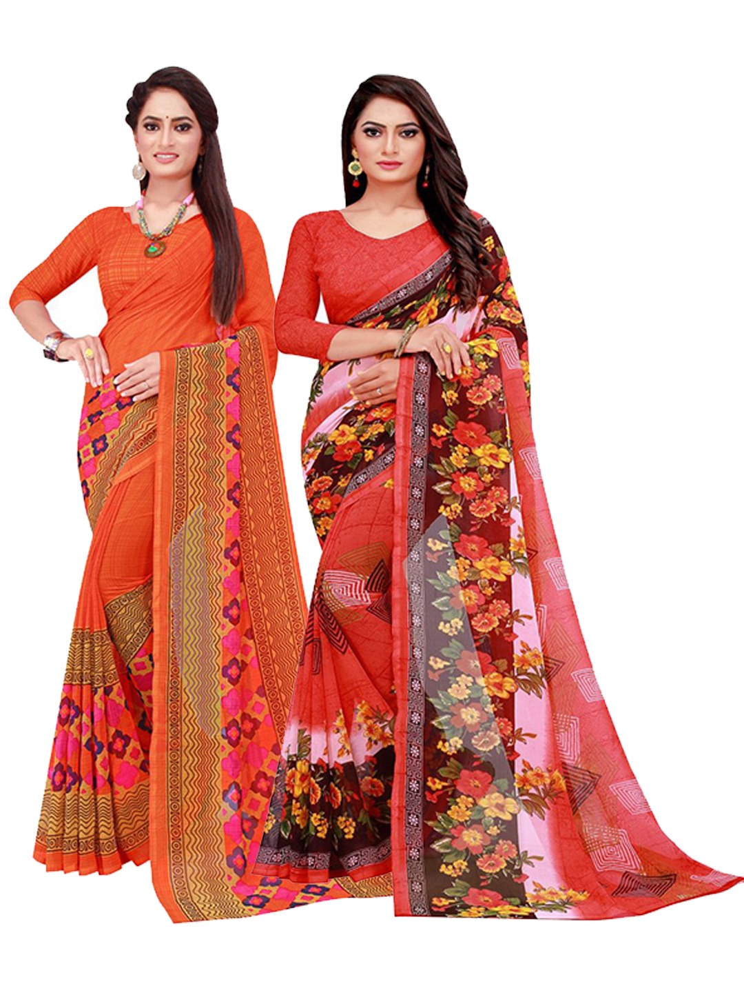 

KALINI Orange & Brown Set Of 2 Floral Pure Georgette Saree