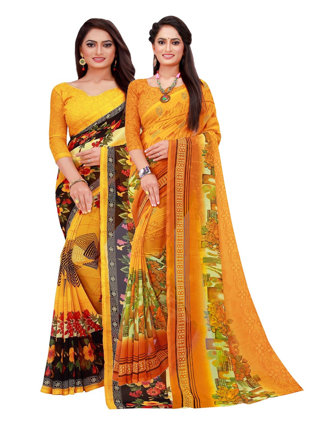 

KALINI Yellow & Pink Floral Printed Pure Georgette Saree Pack Of 2