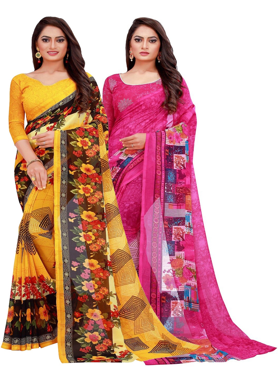 

KALINI Pack of 2 Yellow & Magenta Floral Printed Pure Georgette Saree