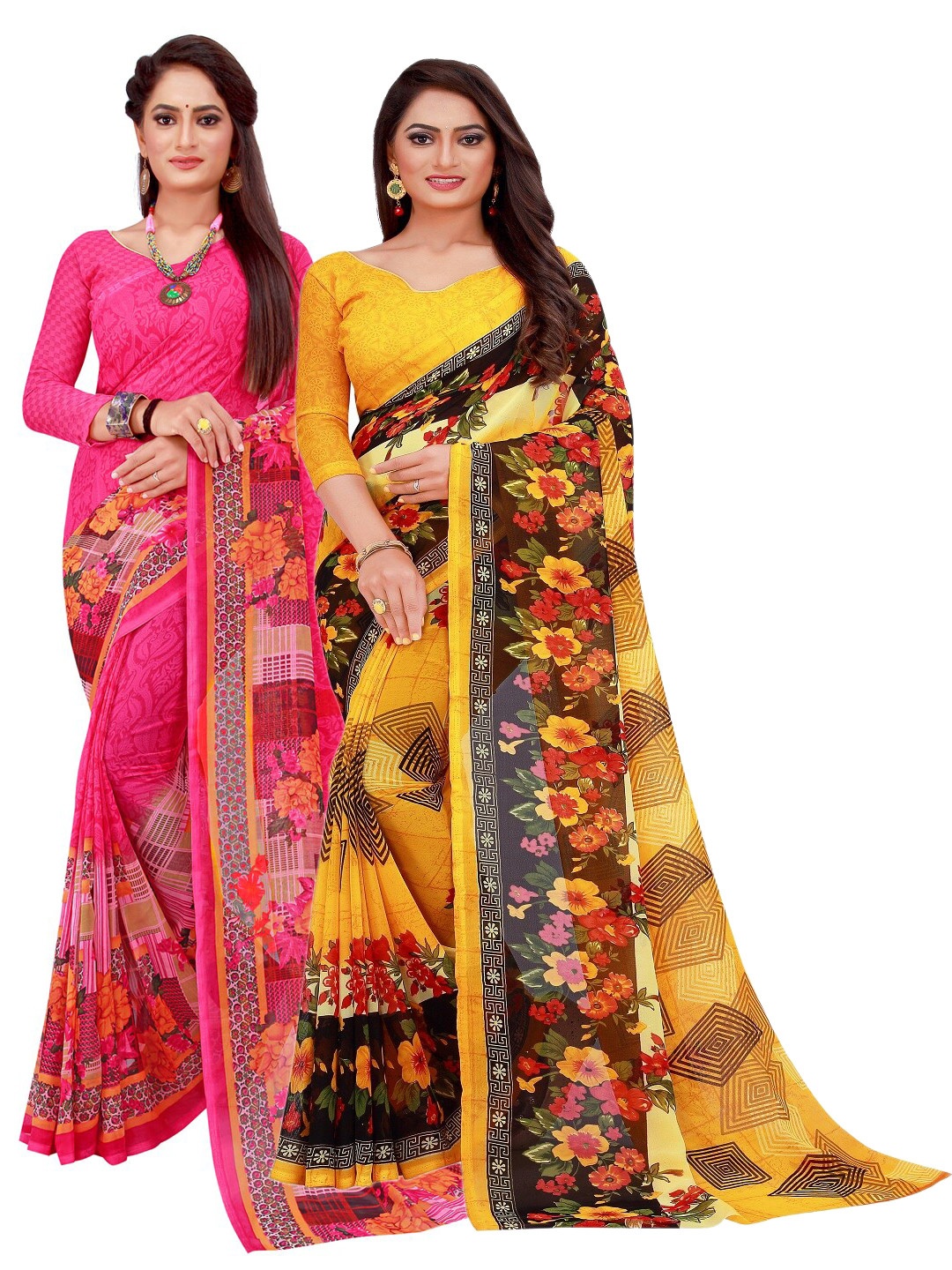 

KALINI Pack of 2 Magenta & Yellow Floral Printed Pure Georgette Saree