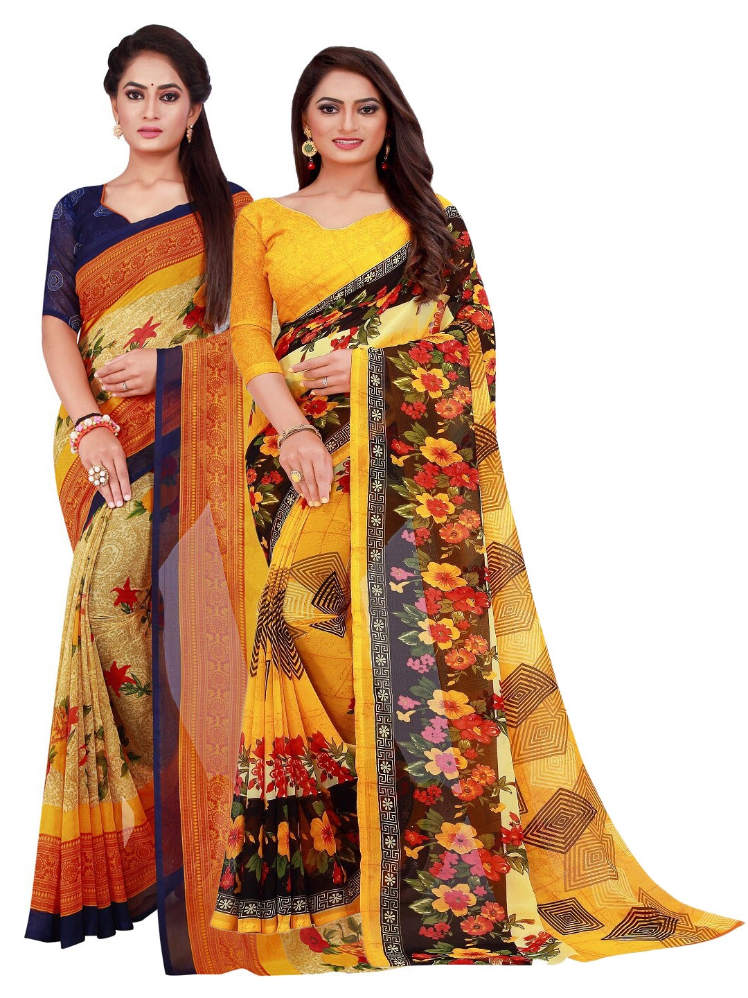 

KALINI Pack of 2 Printed Pure Georgette Sarees, Yellow