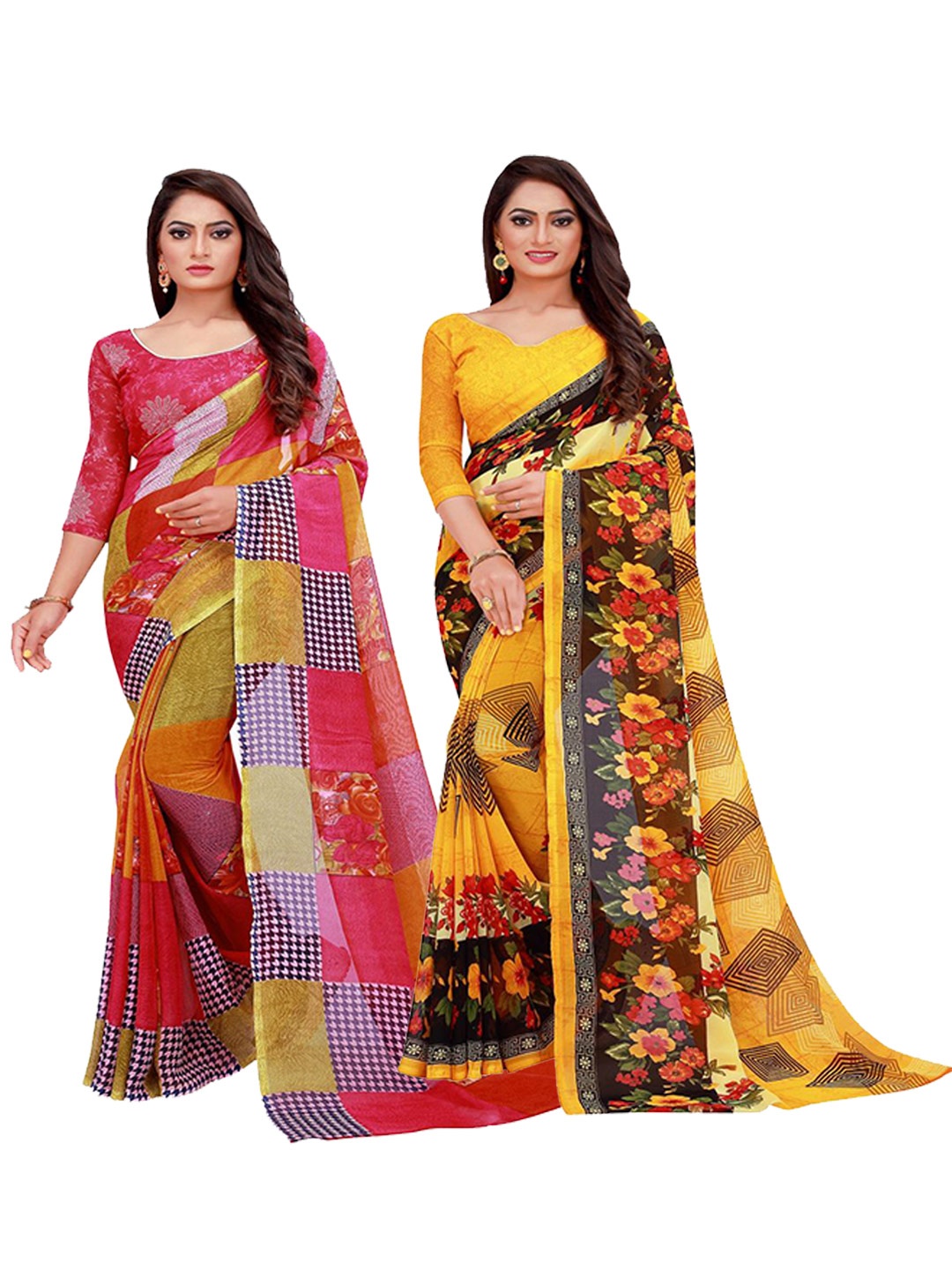

KALINI Pack Of 2 Red & Black Pure Georgette Saree