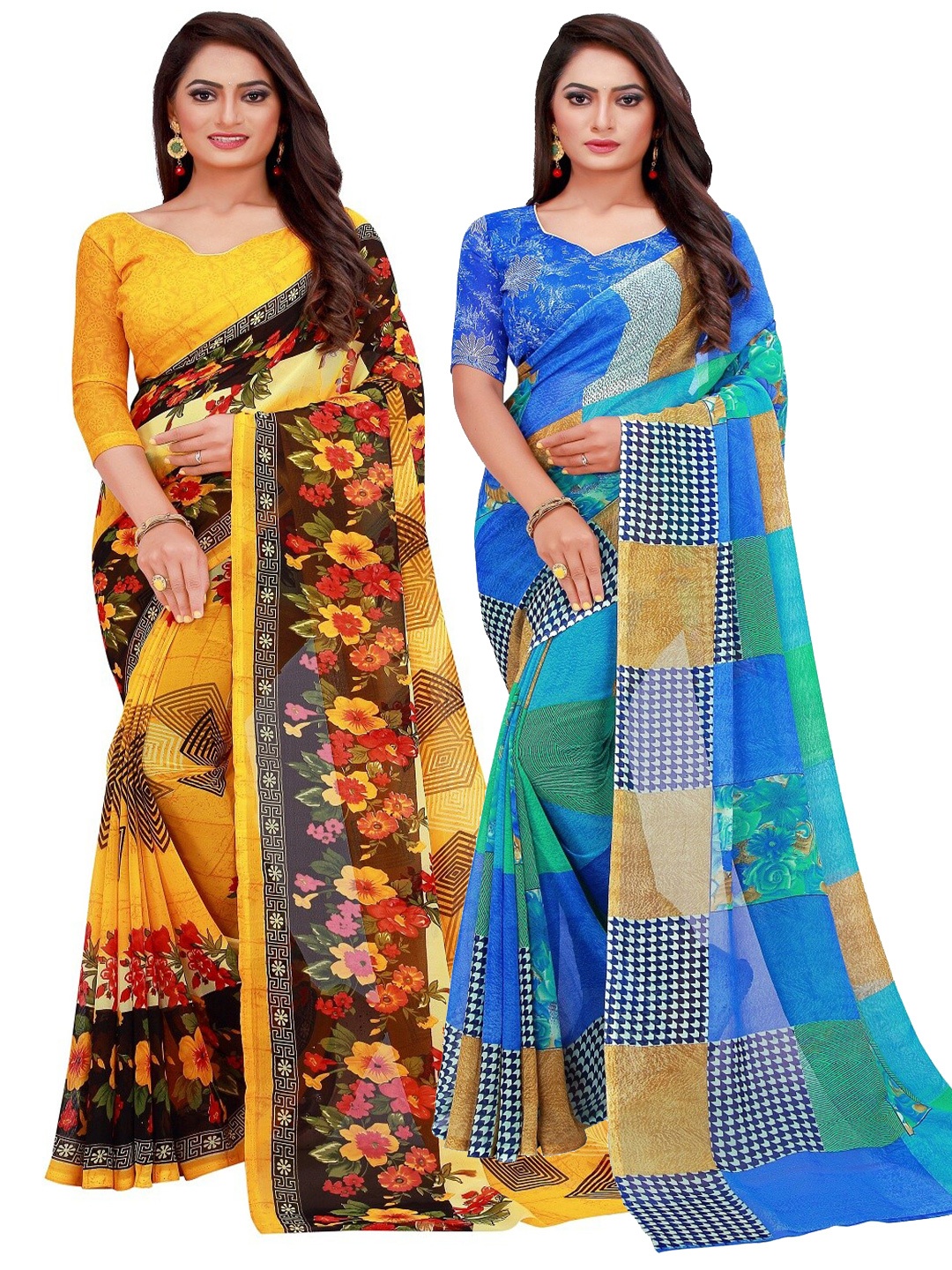 

KALINI Pack of 2 Blue & Yellow Floral Printed Pure Georgette Saree