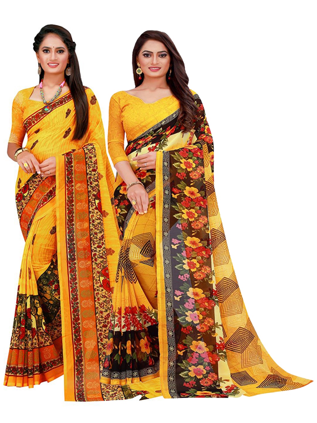 

KALINI Yellow & Brown Set Of 2 Floral Pure Georgette Saree