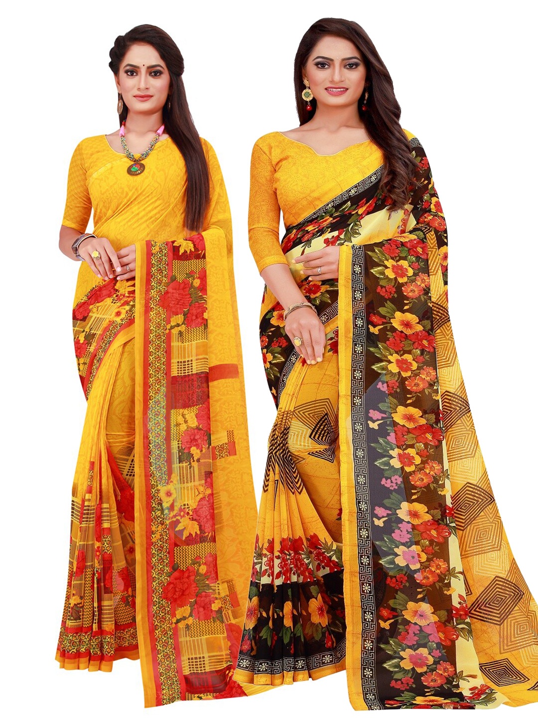 

KALINI Pack of 2 Yellow & Red Floral Pure Georgette Sarees
