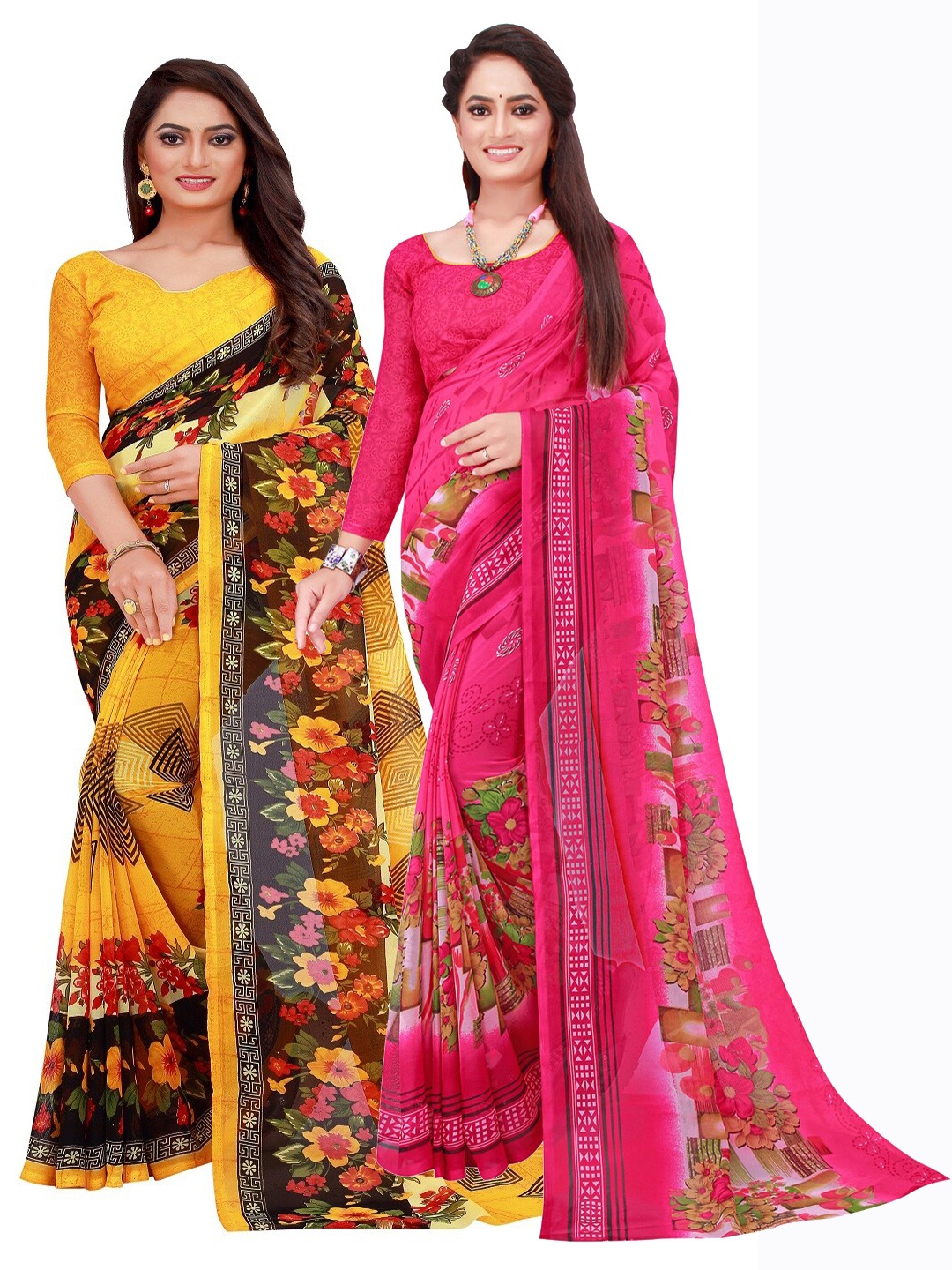 

KALINI Pack of 2 Magenta & Yellow Floral Pure Georgette Sarees