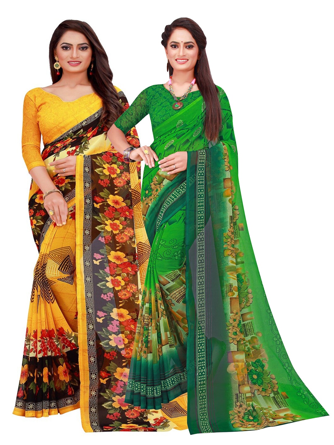 

KALINI Yellow & Green Set of 2 Floral Printed Georgette Saree