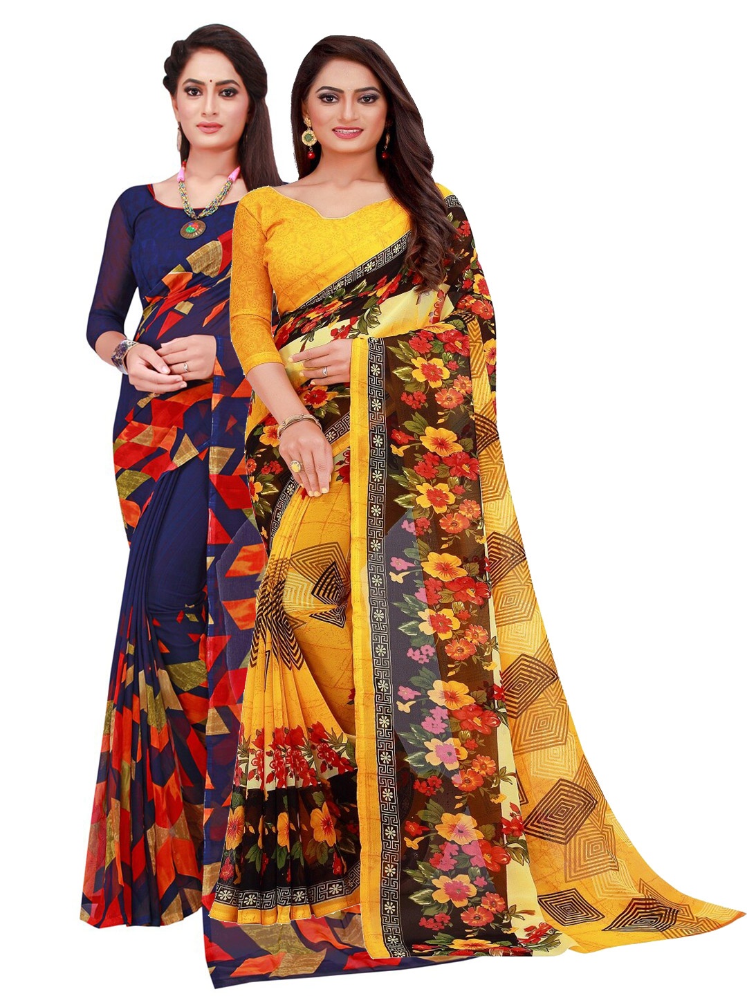

KALINI Pack of 2 Navy Blue & Yellow Floral Pure Georgette Saree