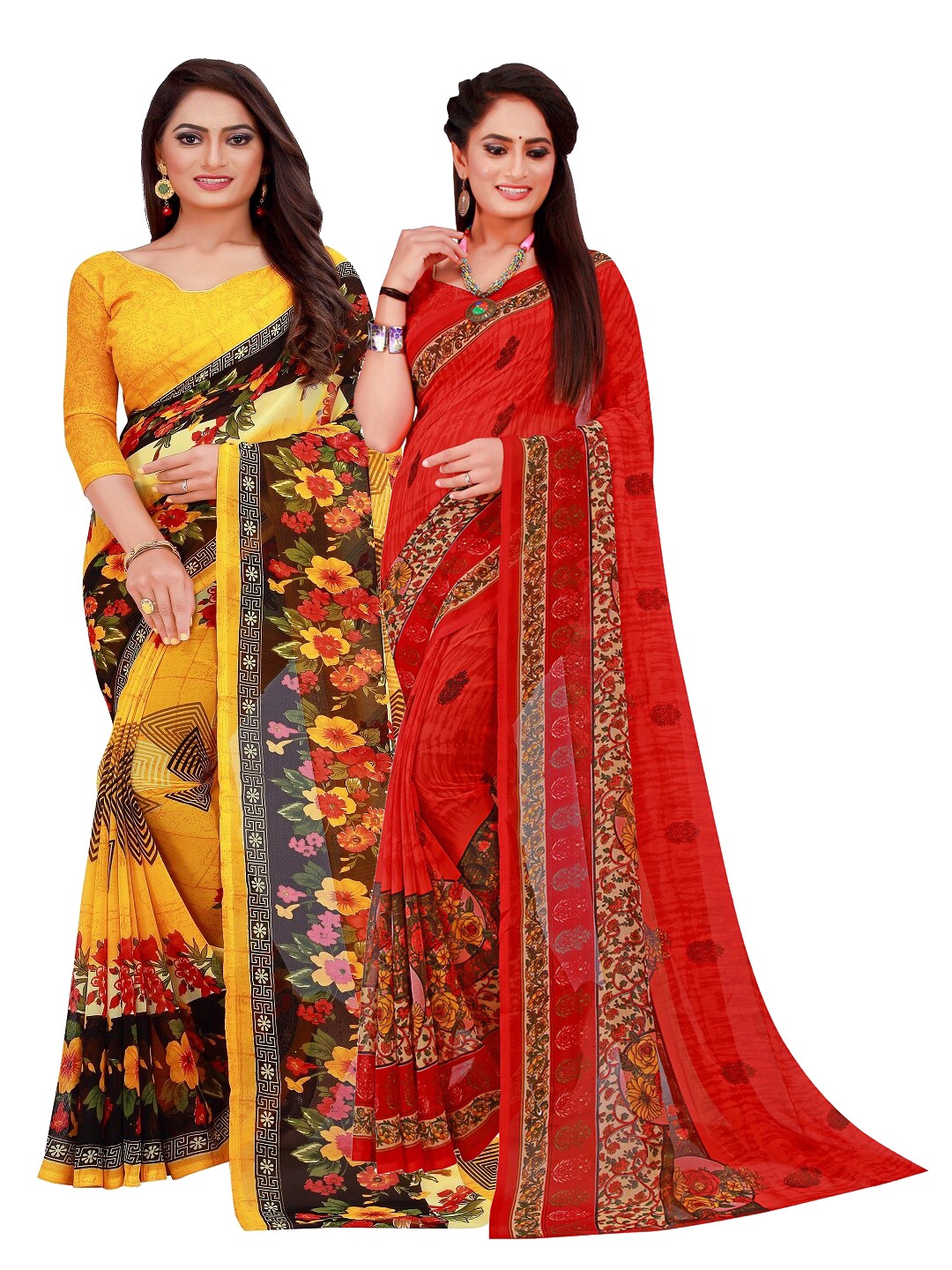 

KALINI Pack Of 2 Yellow & Red Pure Georgette Saree