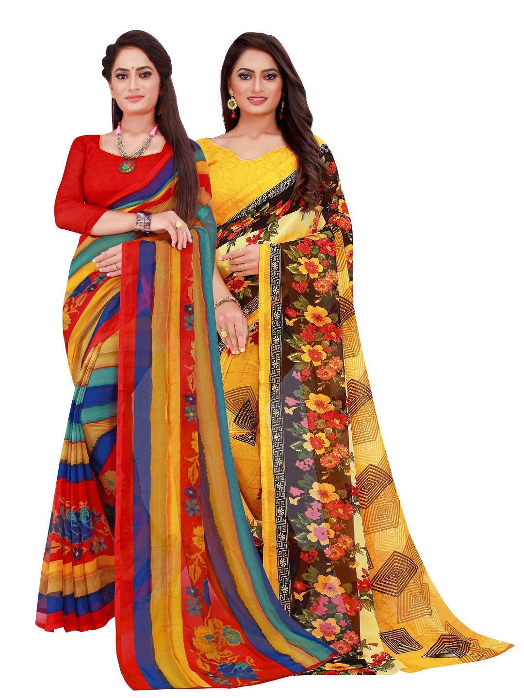 

KALINI Pack Of 2 Yellow & Blue Pure Georgette Saree