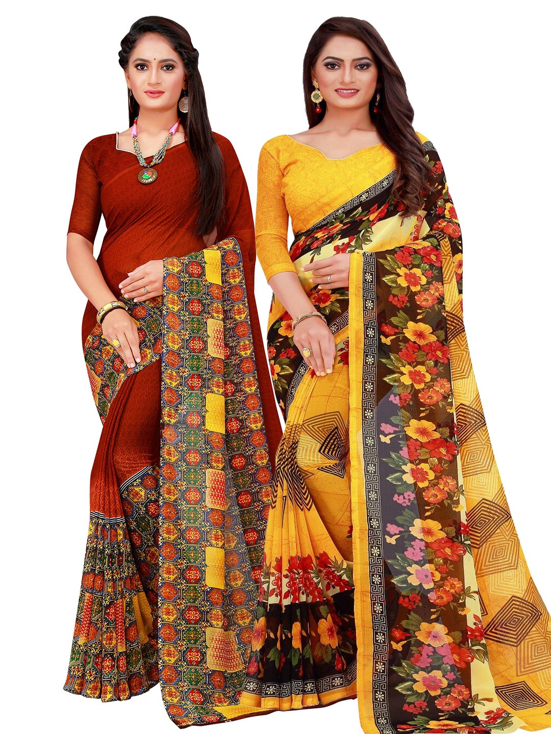 

KALINI Pack Of 2 Yellow & Maroon Floral Pure Georgette Saree