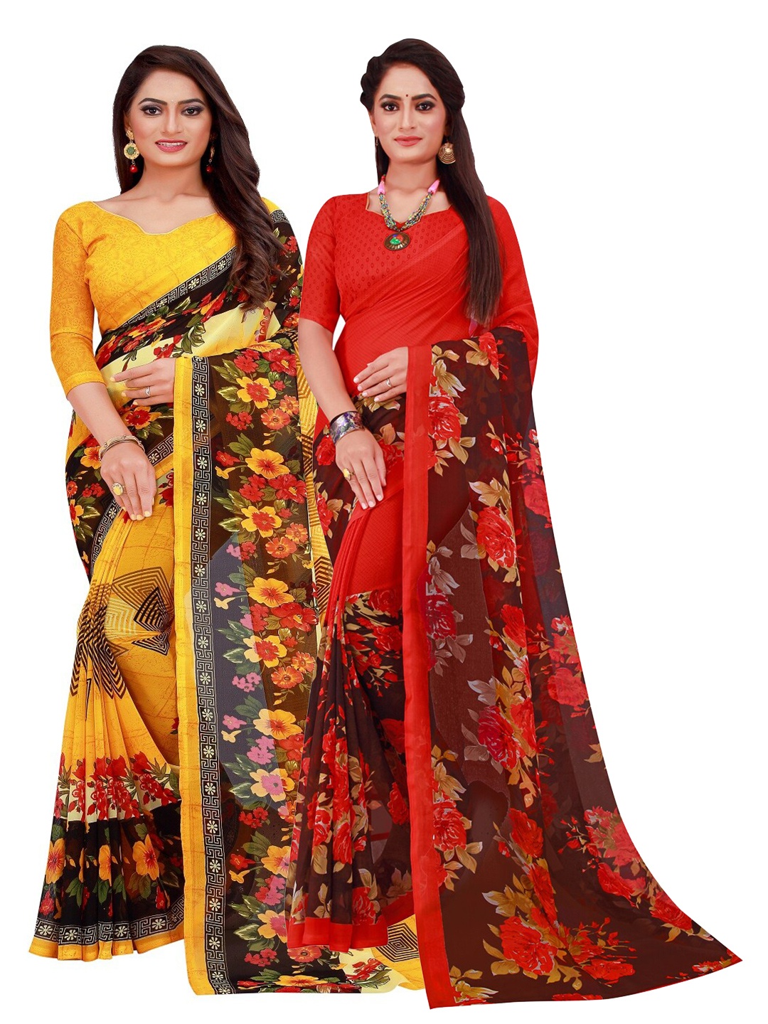 

KALINI Yellow & Red Set of 2 Floral Printed Georgette Saree
