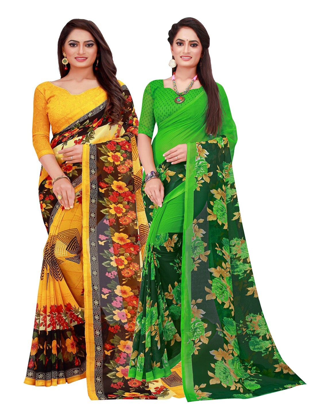 

KALINI Pack of 2 Printed Pure Georgette Sarees, Yellow
