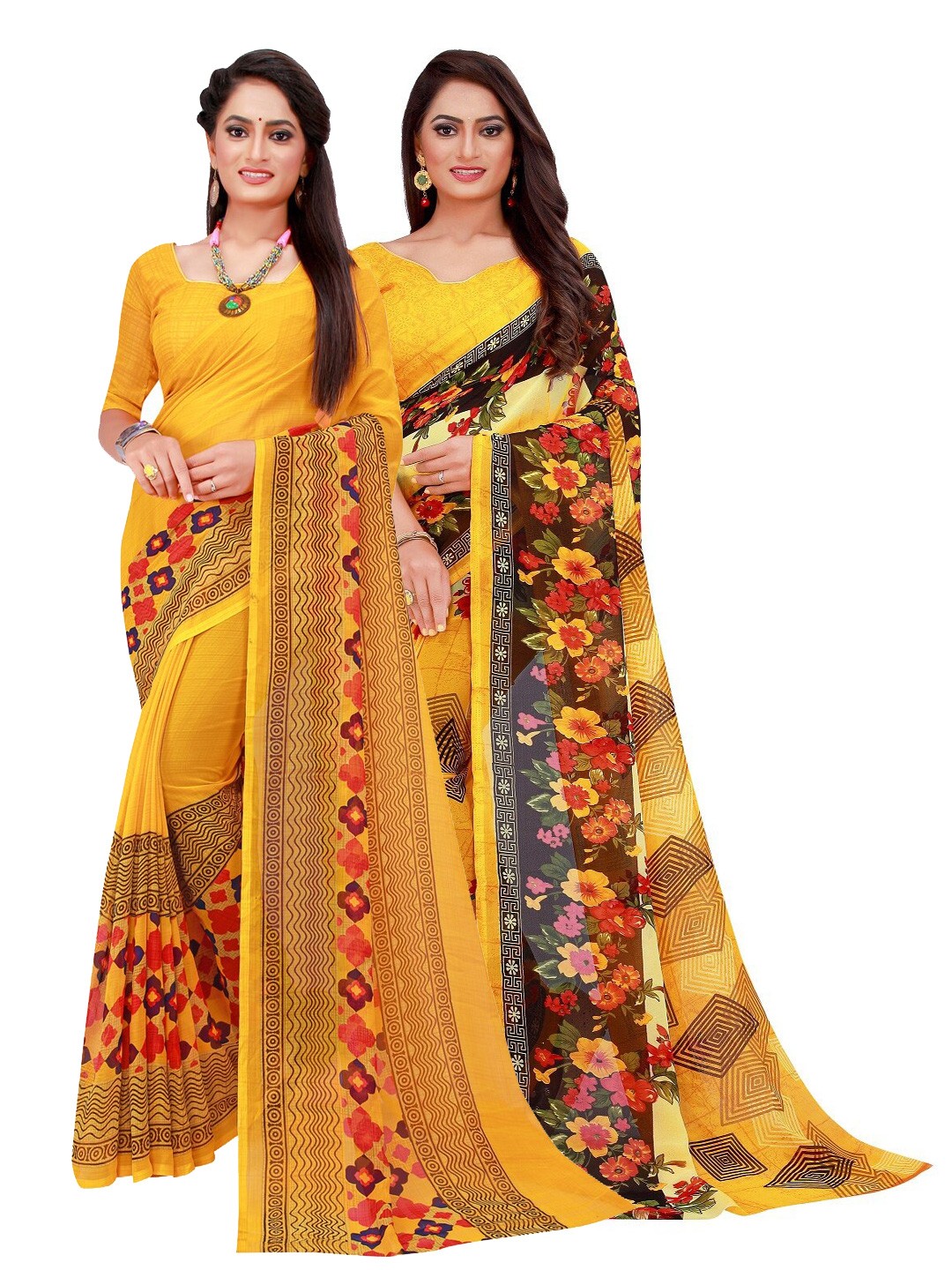 

KALINI Yellow & Black Floral Printed Pure Georgette Saree Pack Of 2