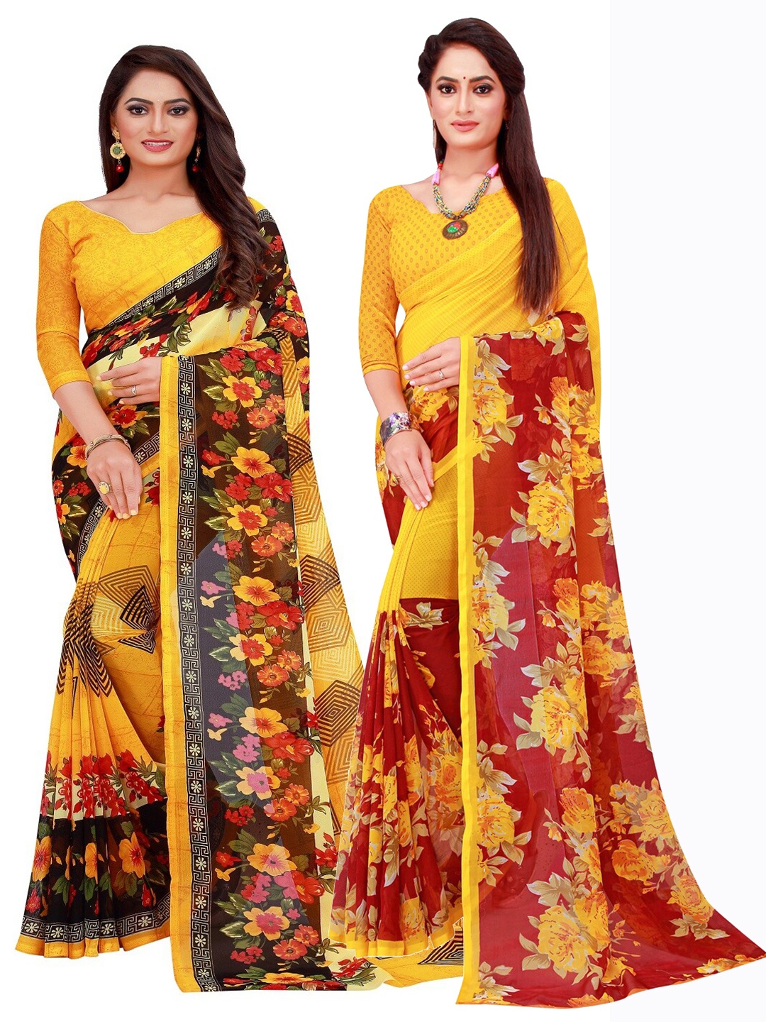 

KALINI Yellow & Black Floral Printed Pure Georgette Saree Pack Of 2