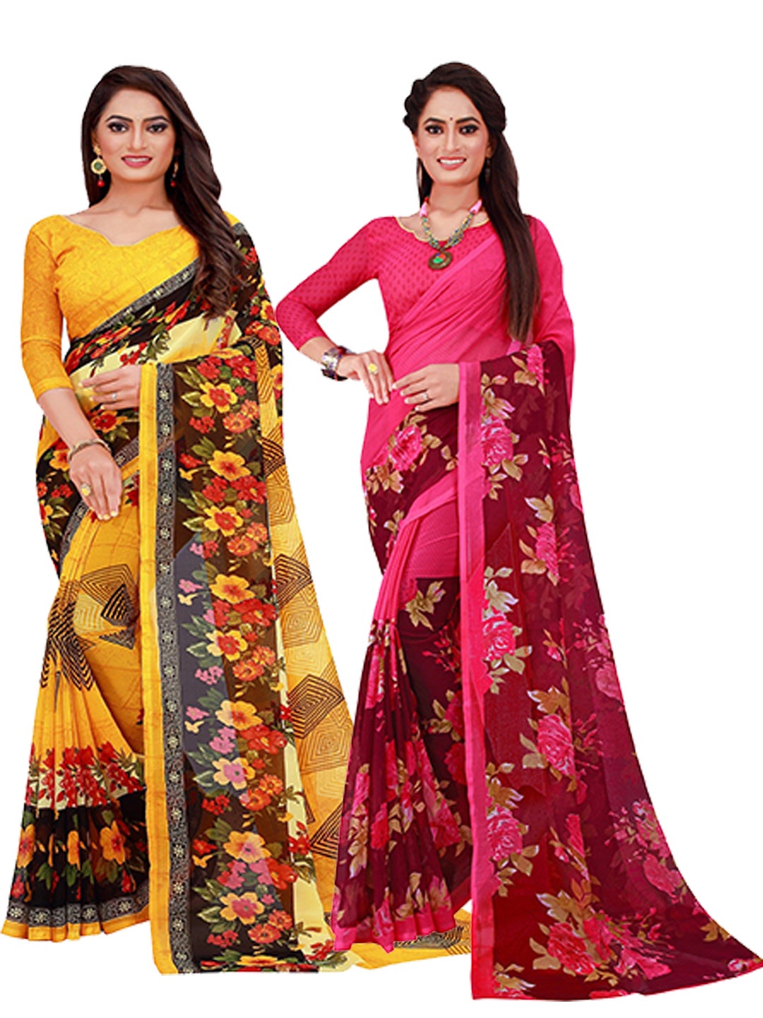 

KALINI Pack of 2 Yellow & Magenta Floral Pure Georgette Sarees