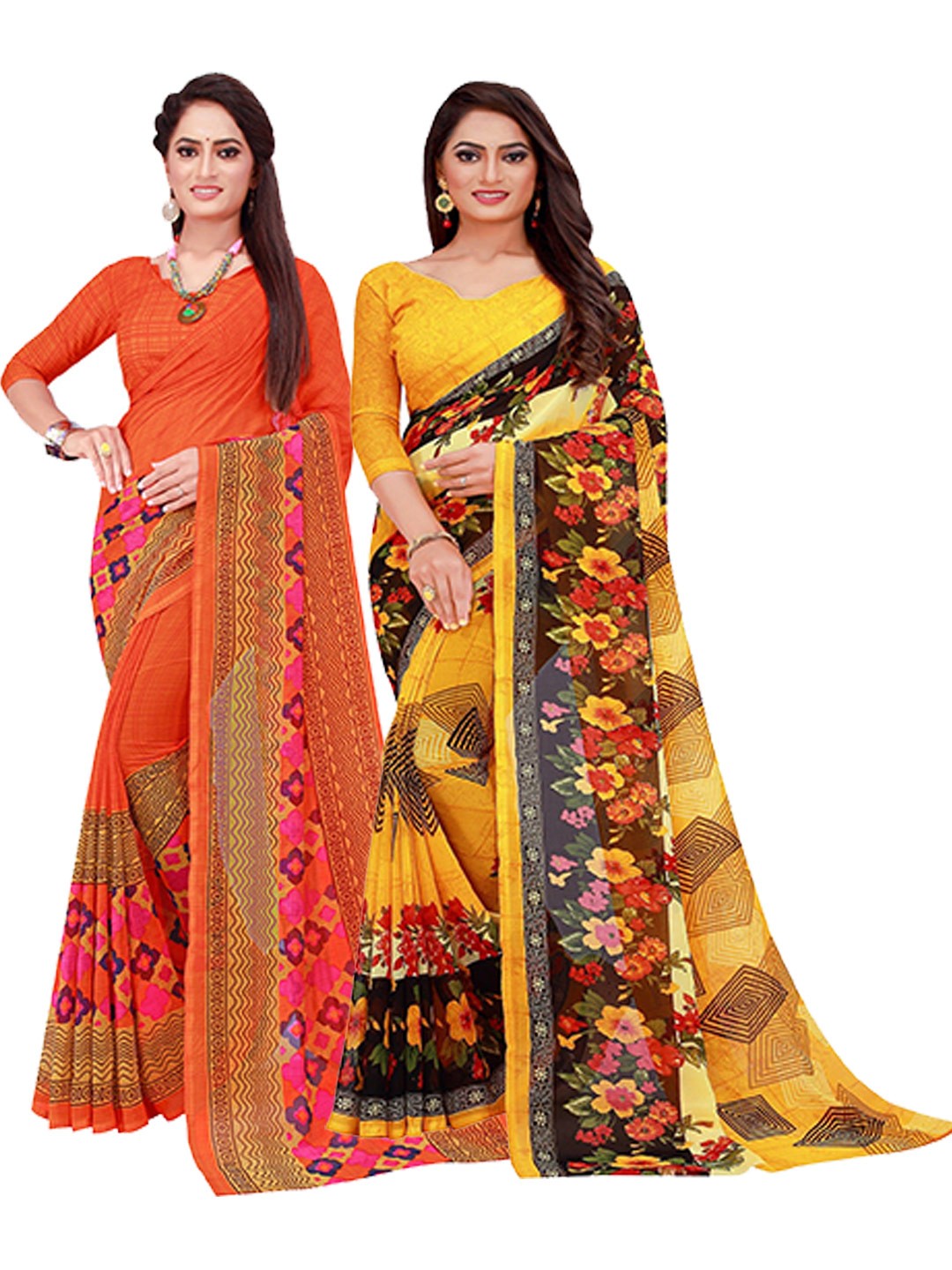 

KALINI Pack of 2 Orange & Yellow Floral Printed Pure Georgette Saree